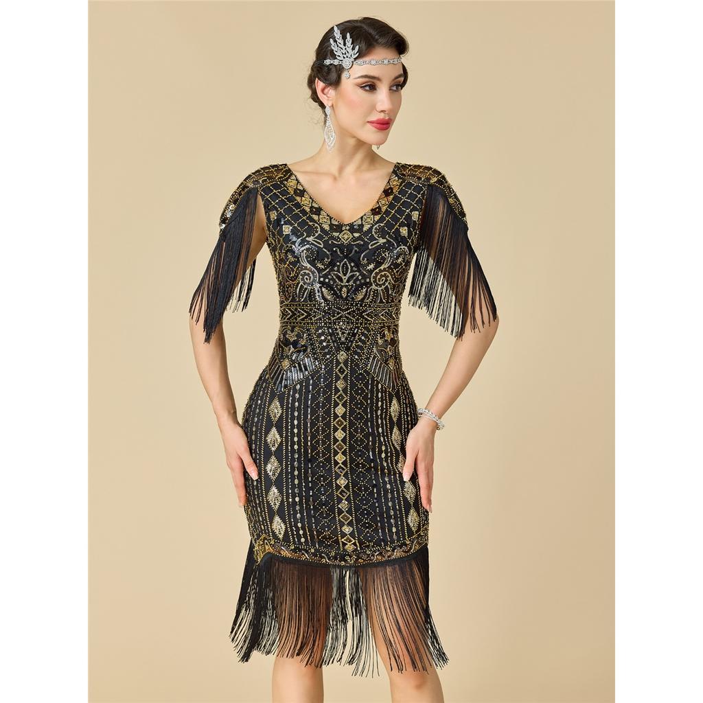 Women's Plus Size 1920s Gatsby Flapper Dress, Sequin Beaded Short Sleeve Fringe Evening Gown For Party & Pr