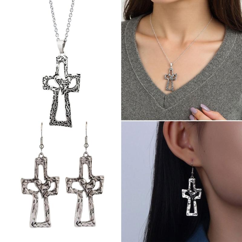 Stylish Religious Pendant Earring Heart Necklace Comfortable Jewelry Alloy Texture Suitable for Dating and Casual Event