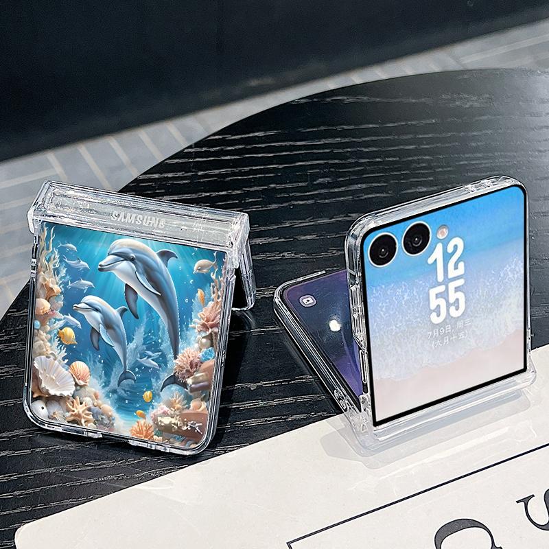 Starry Sea Dolphin Print Case For Samsung Z FlIP 7 FE 6 5 Magnetic Hinged Clear Hard PC Folding Phone Cover For Galaxy Z Flip7 Flip6 Flip5