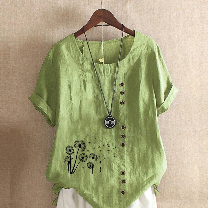 

Женская модная черная футболка с коротким рукавом с принтом одуванчика, свободная хлопковая рубашка, повседневная свободная летняя блузка больших размеров, топы 5XL зелёный