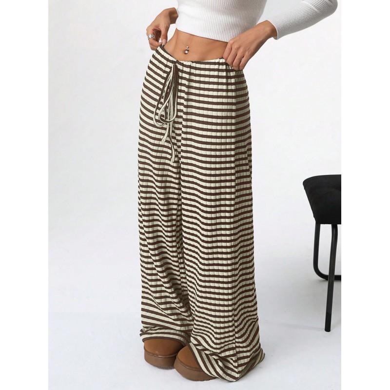 Womens Relaxed Fit Cotton Straight Leg Pants With Elastic Waist Drawstring Detail Striped Solid Colors Fall Winter 2026