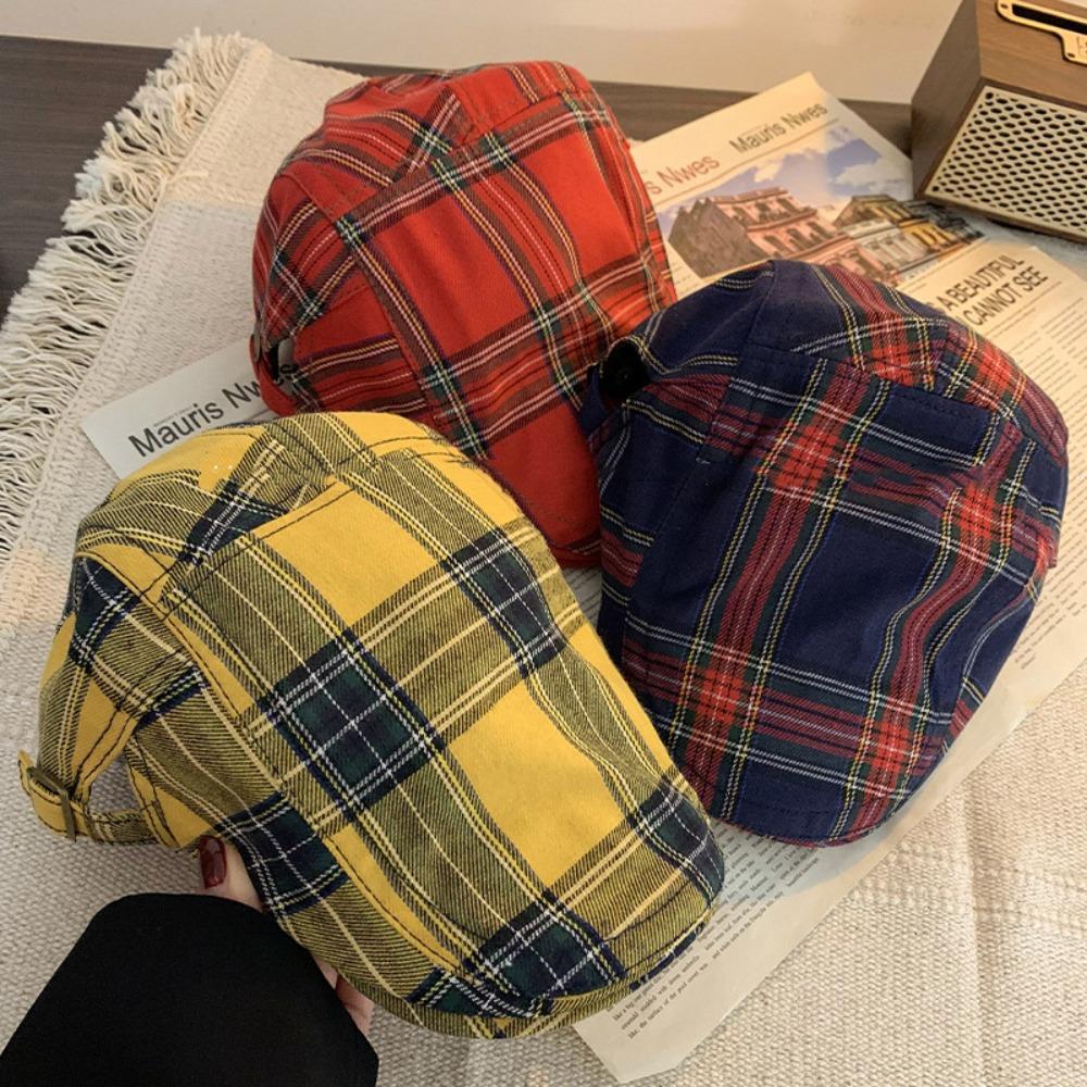 Short Brim British Forward Hat Cotton Cloth Painter Cap Simple Plaid Beret Cap  Work
