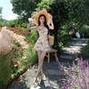 Summer Dopamine Color Floral V-neck Neck Dress Women's Seaside Vacation Wind Backless Island Beach Skirt