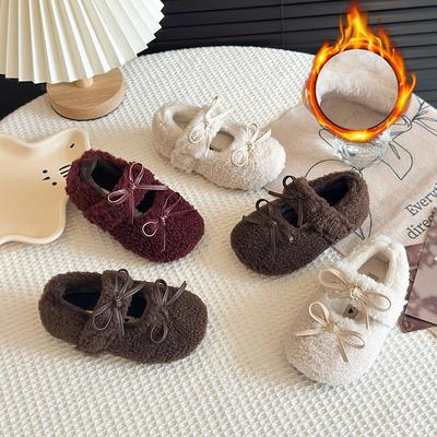 Girls' Mary Jane Fashionable Lamb Wool Plush Shoes, New Winter Model with Velcro Fastening, Soft Sole Princess Cotton Shoes