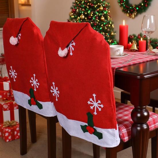 Christmas Chair Cover Non-Woven Santa Hat Shape Red Xmas Chair Back Covers with Snowflake