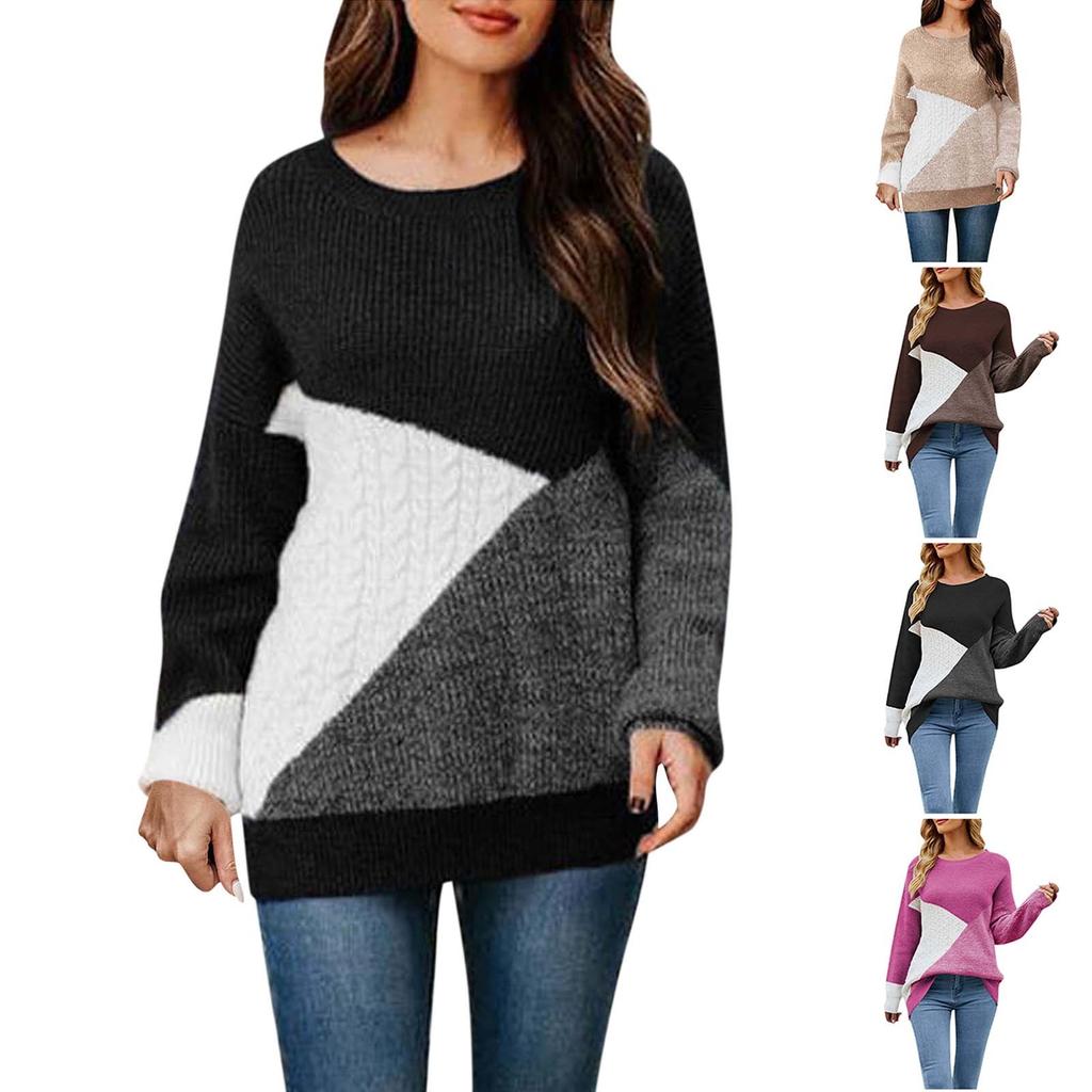 Women's  And Winter Knitting Fashion Color Block Patchwork Pullover Long Sleeve Sweater