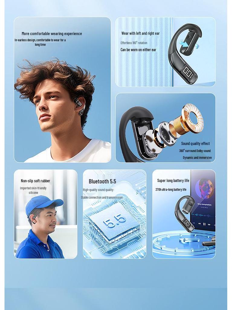 V700 Bluetooth Sport Ear-hook Earphones with Battery Display - Universal Fit, Left & Right