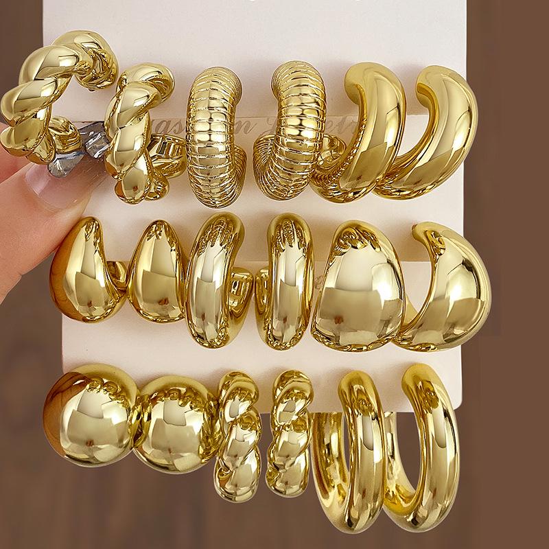 Guld C-formade Vattendroppe Örhängen Set - 3 Delar Trendiga Geometriska Creoler för Kvinnor