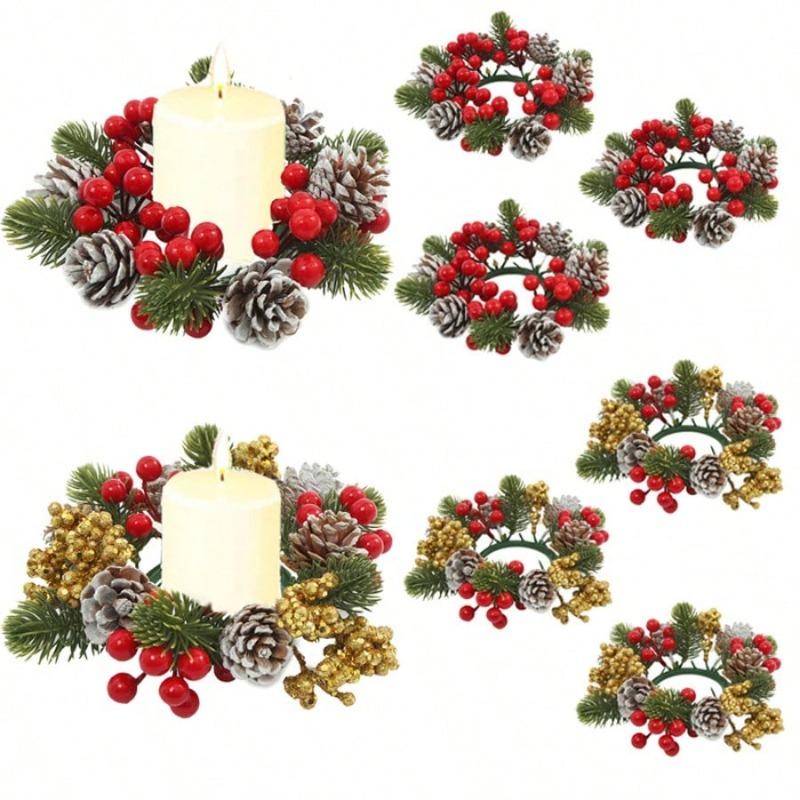 2Pcs Artificial Pinecone Christmas Wreath, Christmas Floral Candle Holder, Tabletop Home Decor Ornament, Festive Atmosphere Decoration