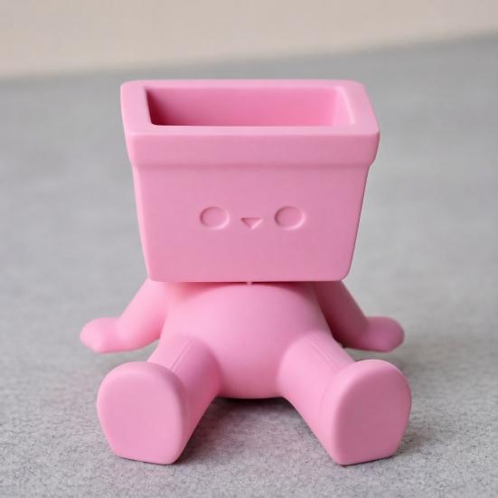 Stolní držák na tužky se stojánkem na mobilní telefon, Roztomilý kreslený design v barvě makronkové růžové, Oboustranný úložný ornament, pro kancelářský stůl a toaletní stolek