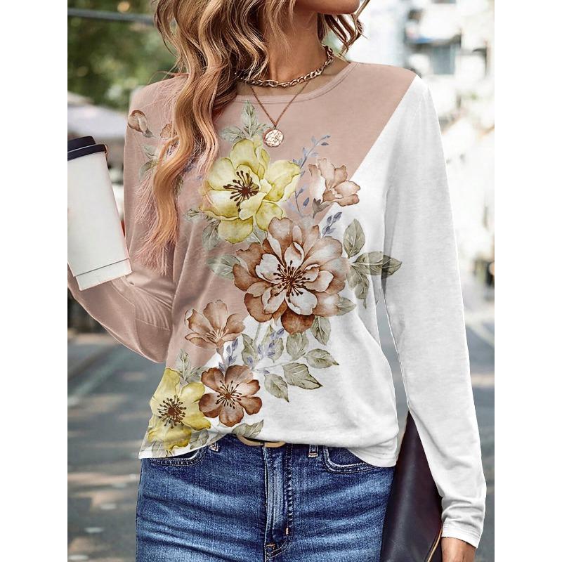 Modischer Damenpullover mit Blumen-/Schmetterlingsgrafik, lässige Streetwear, O-Ausschnitt, Basic, langärmeliges T-Shirt, mikroelastisches Sweatshirt