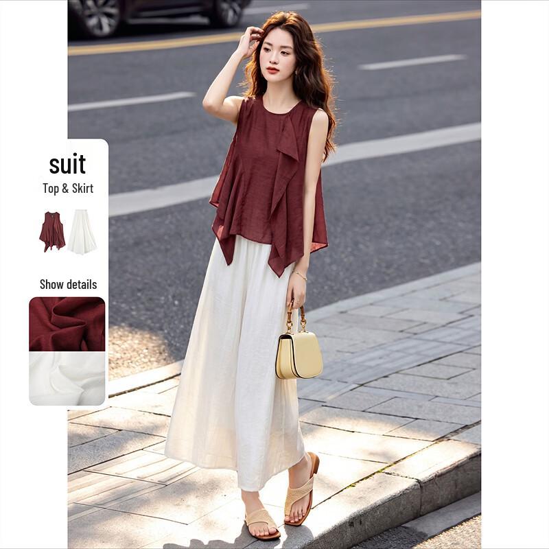 Summer Linen Blend Irregular Sleeveless Shirt & Cropped Pants Set L