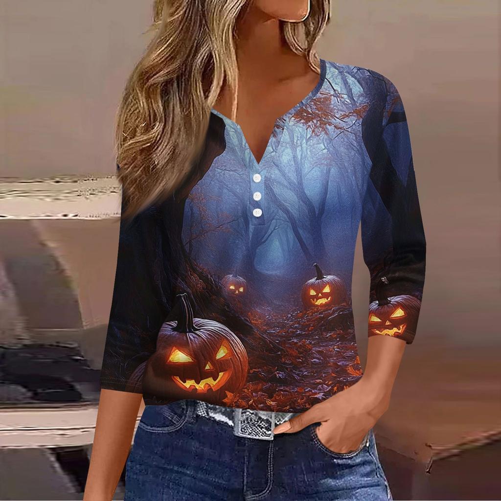 Damen Lässige Mode V-Ausschnitt Locker Vielseitig Halloween-Print Dreiviertelarm Oberteil