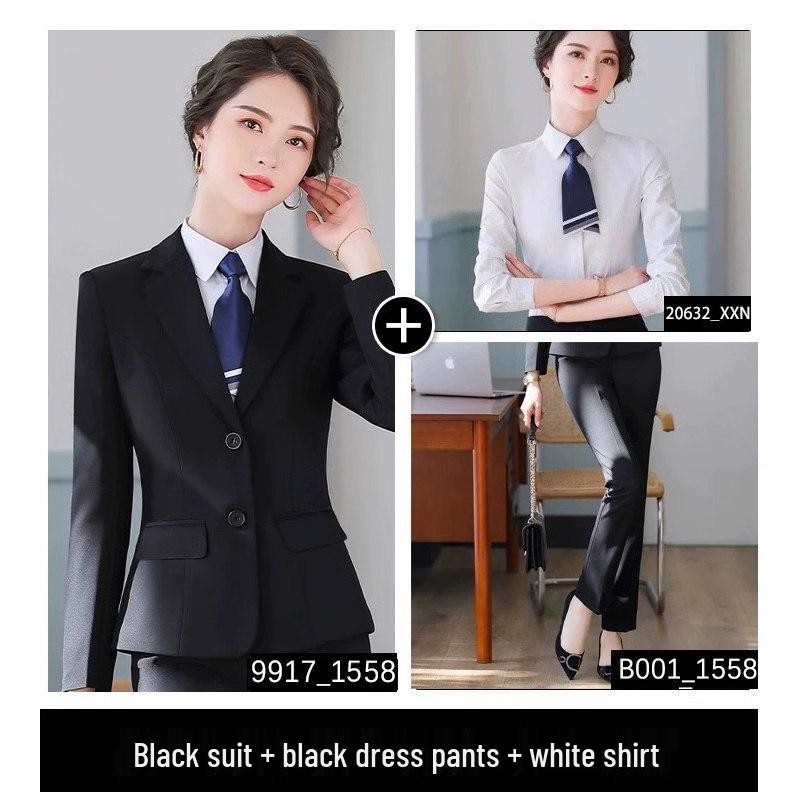 Formelles Schwarzes Anzugset für Damen für Frühling und Herbst - Professionelle Arbeitskleidung mit Jacke für Hotelrezeptionisten