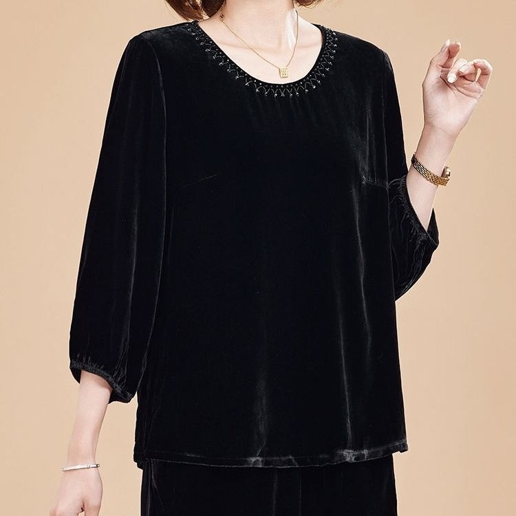 Spring Autumn Women s Plus Size Velvet Blouse Loose Round Neck Beaded Long Sleeve Velvet T-Shirt XL