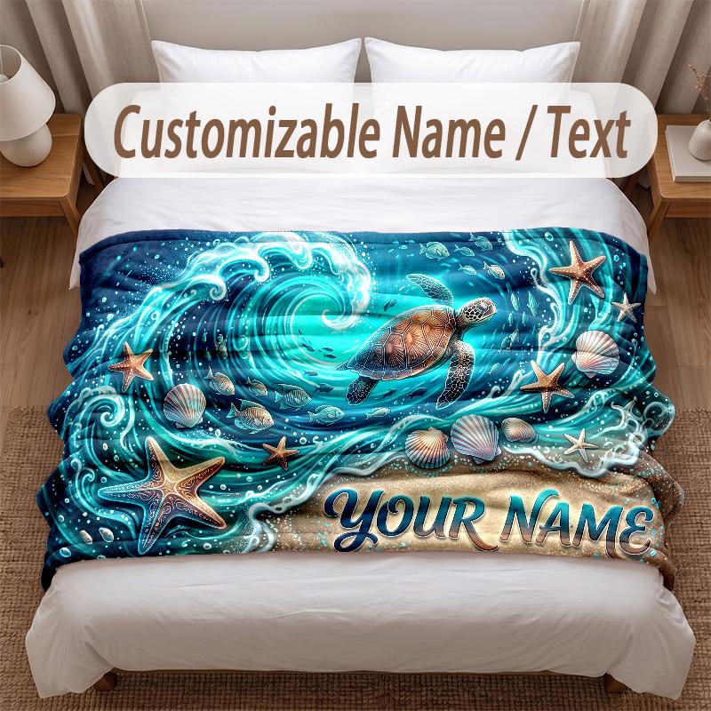 Fish Ocean Theme Soft Blanket Personalized Custom Name Text Print Warm Blanket Home Sofa Bedroom Decor