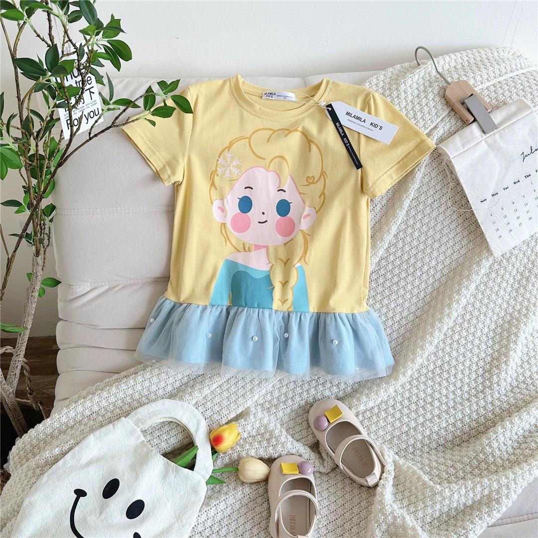 

Летнее платье для девочек 2024 года, принцесса, пэчворк, сетка, мультяшный принт 120 cm жёлтый