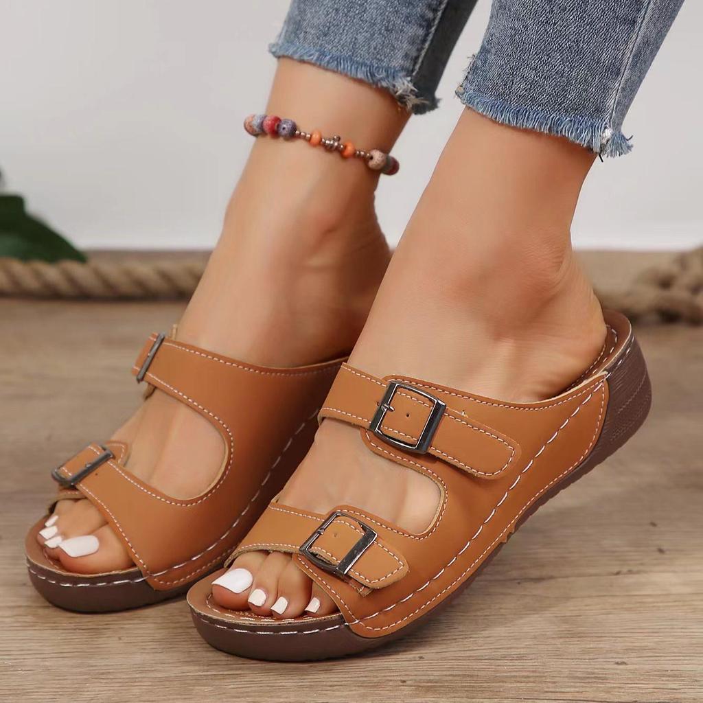 2025 New Slope Heel Slippers Thick Sole Hollow Solid Color Women's Slippers Casual and Lightweight Large Ladies Slippers