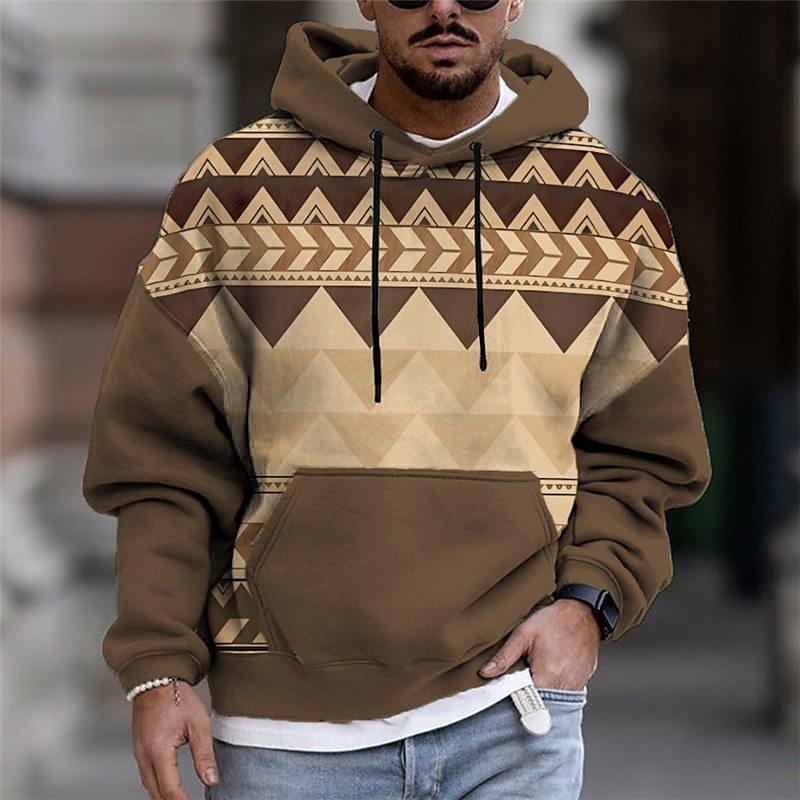 Plus Size FUGUIS Simple Geometric Grid Men's Casual Warm and Comfortable Hooded Sweatshirt 6XL