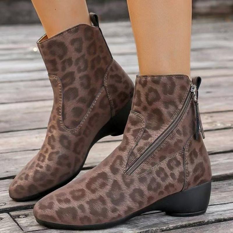 Autumn/Winter Pointed-Toe Wedge Soft Leather Retro Leopard Print Women'S Boots, Side Zipper Design With Chunky Heel, Fashionable