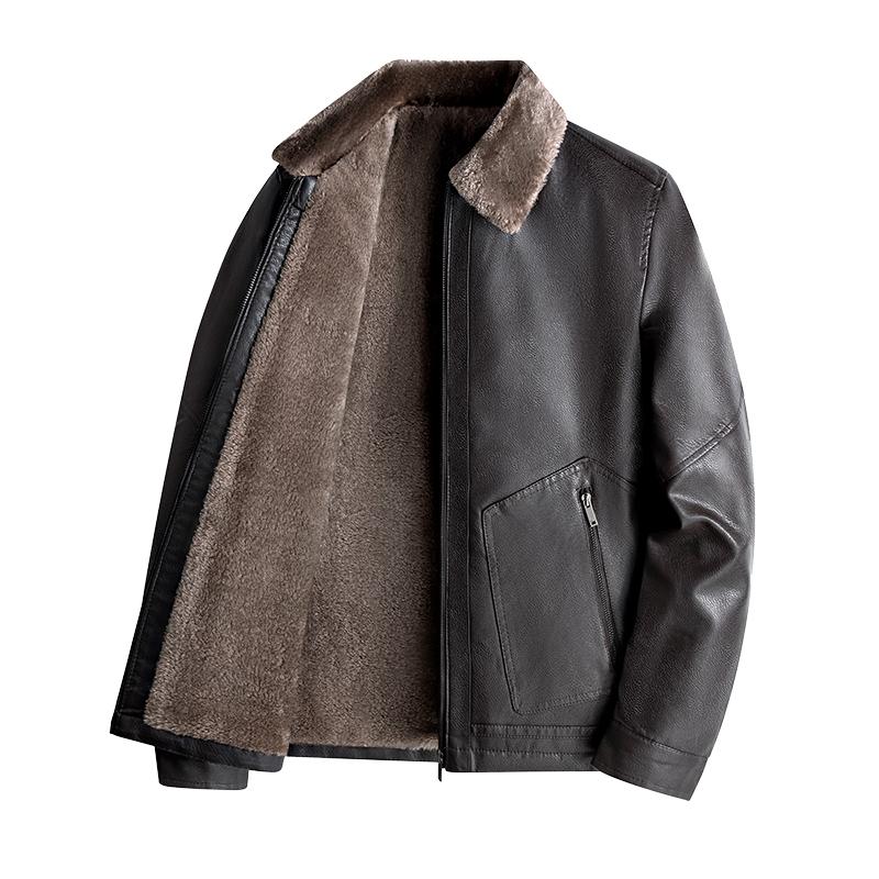 Fashion Casual Mens PU Leather Jacket Autumn Winter Thick Fleece Warm Outerwear Light Business Lapel Versatile Coat