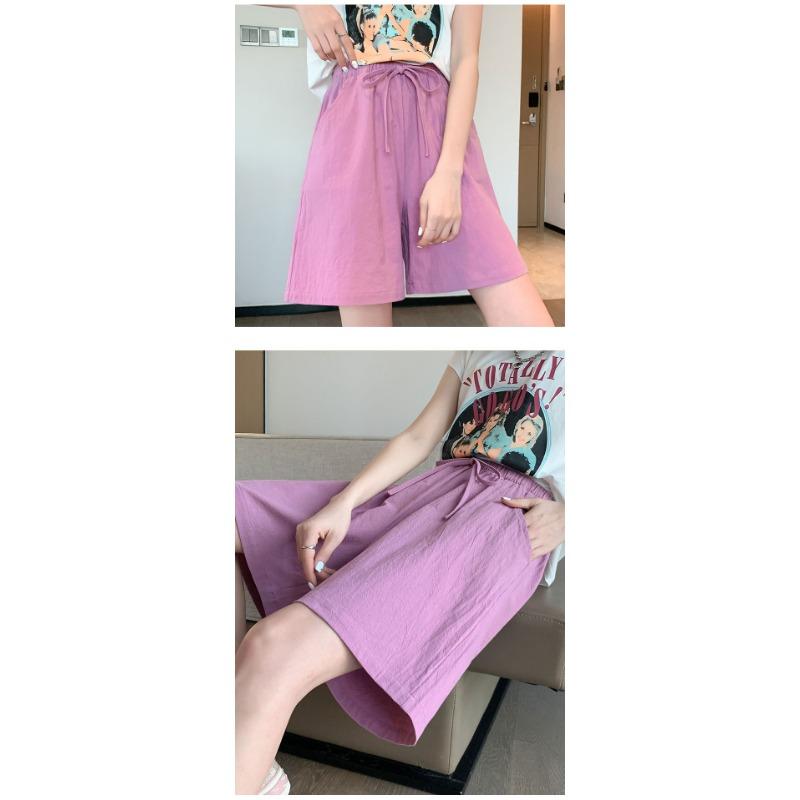 Cotton and Linen Five Quarter Pants Spring Leisure Sports Loose High Waist Wide Leg Pants Casual Shorts Women