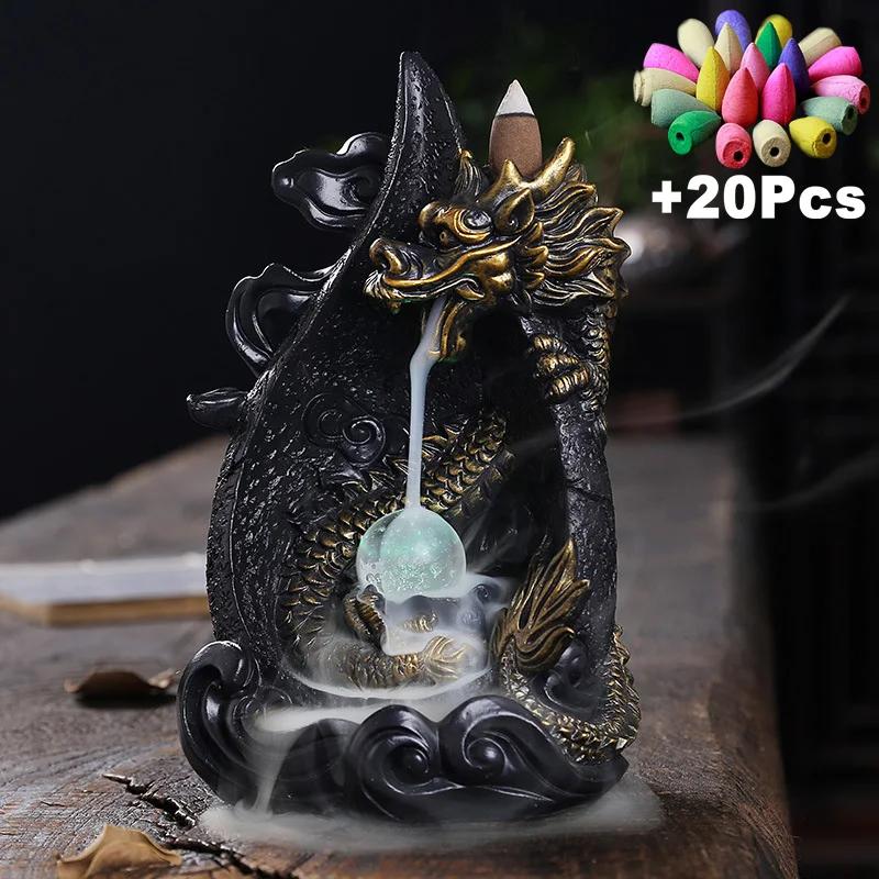 

Светодиодный держатель для благовоний в виде дракона с обратным потоком, водопадная курильница для благовоний +20 конусов для благовоний с обратным потоком, украшение для ароматерапии