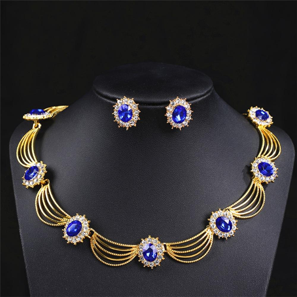 Gold-Tone Gemstone Necklace Set Geometric Statement Jewelry Set Earring Matching Set  Women