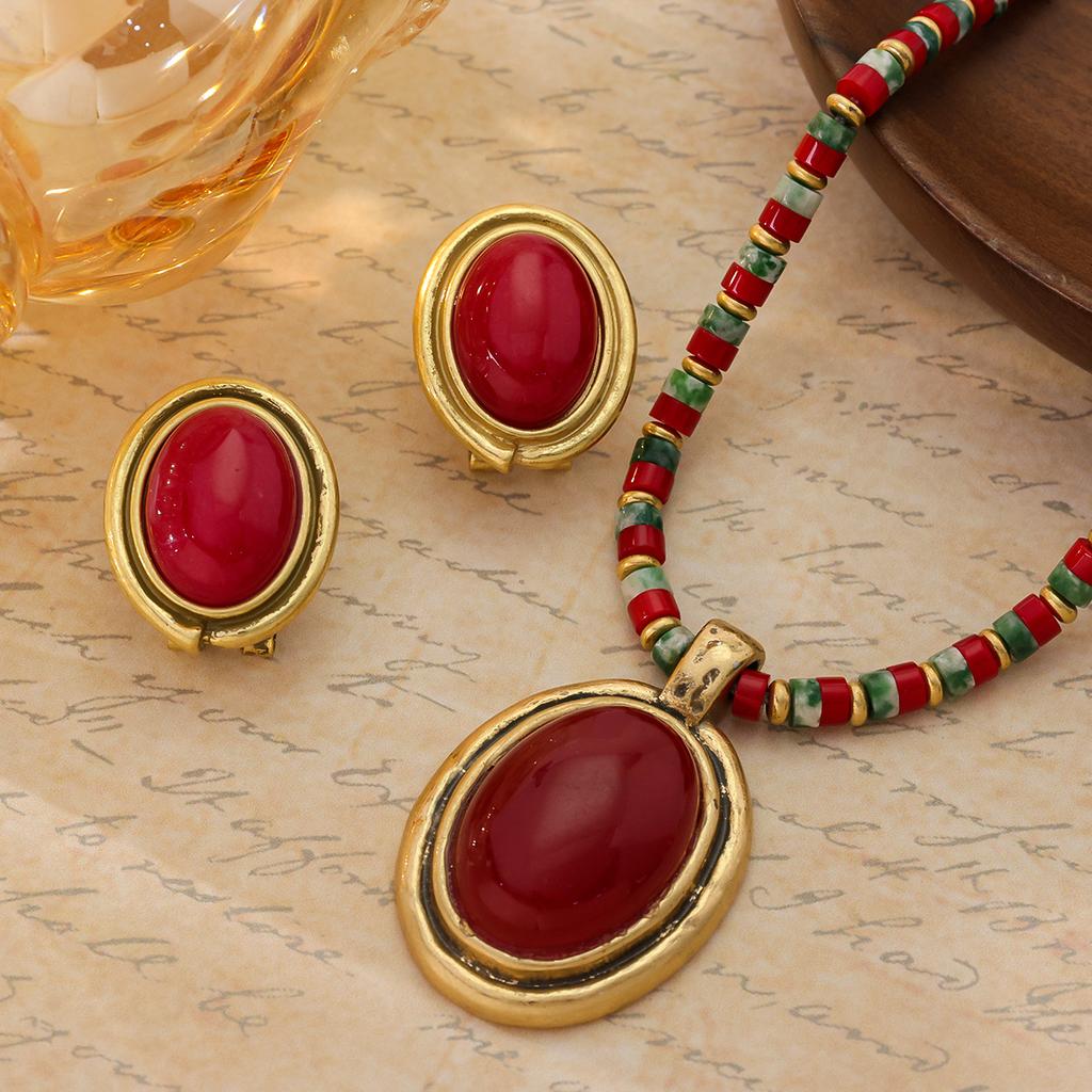 French Retro Colored Natural Stone Lock Chain With 925 Silver Needle Earrings Set Luxurious High-end
