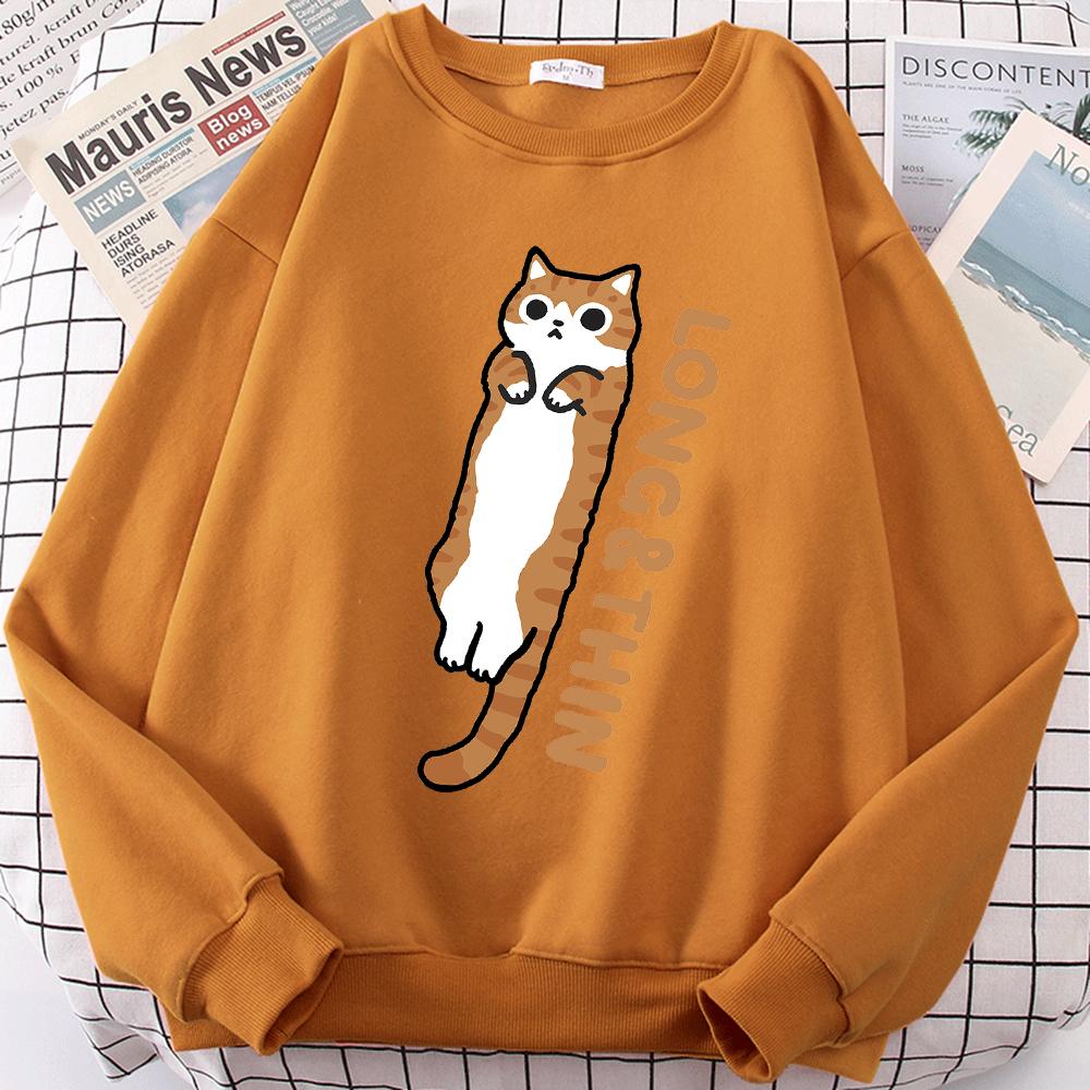Fun Slender Orange Cat Cute Print Hoodie Men Women Loose Comfortable Sweatshirts Crewneck Fleece Hoody Casual Anime Clothing