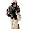 Retro Lapel Striped Double Zipper Knitted Cardigan Women's Autumn and Winter New Loose Versatile and Thin Sweater Jacket