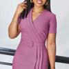 Women's Summer New Short-sleeved V-neck Waist Solid Color Tongle Pencil Skirt Dress
