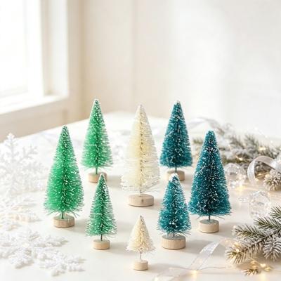 Tabletop Holiday Decor Mini Christmas Bottle Brush Tree, Artificial Miniature Tiny Sisal Tree with Bedroom Festive Ornament Wooden Base, Winter