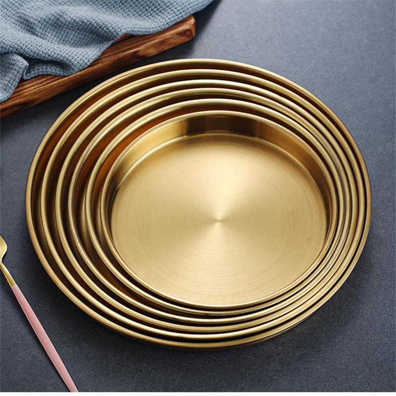4 Sizes Deep Stainless Steel Meal Trays Round Dish Plates Barbecue Fruit Noodles Salad Mixing Dish Bowl Hotel Kitchen Tableware