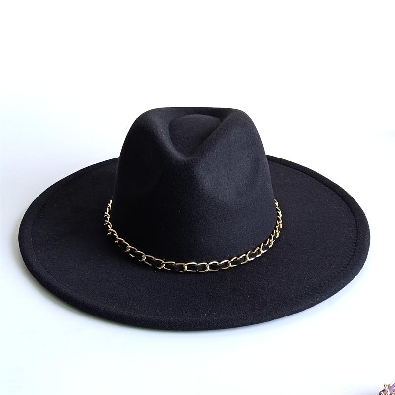 Yellow Fashion Fedora Hat With Colorful Chain 9.5Cm Wide Brim Hat For Women Winter Men'S Hat Cowboy Felt Hat Sombreros