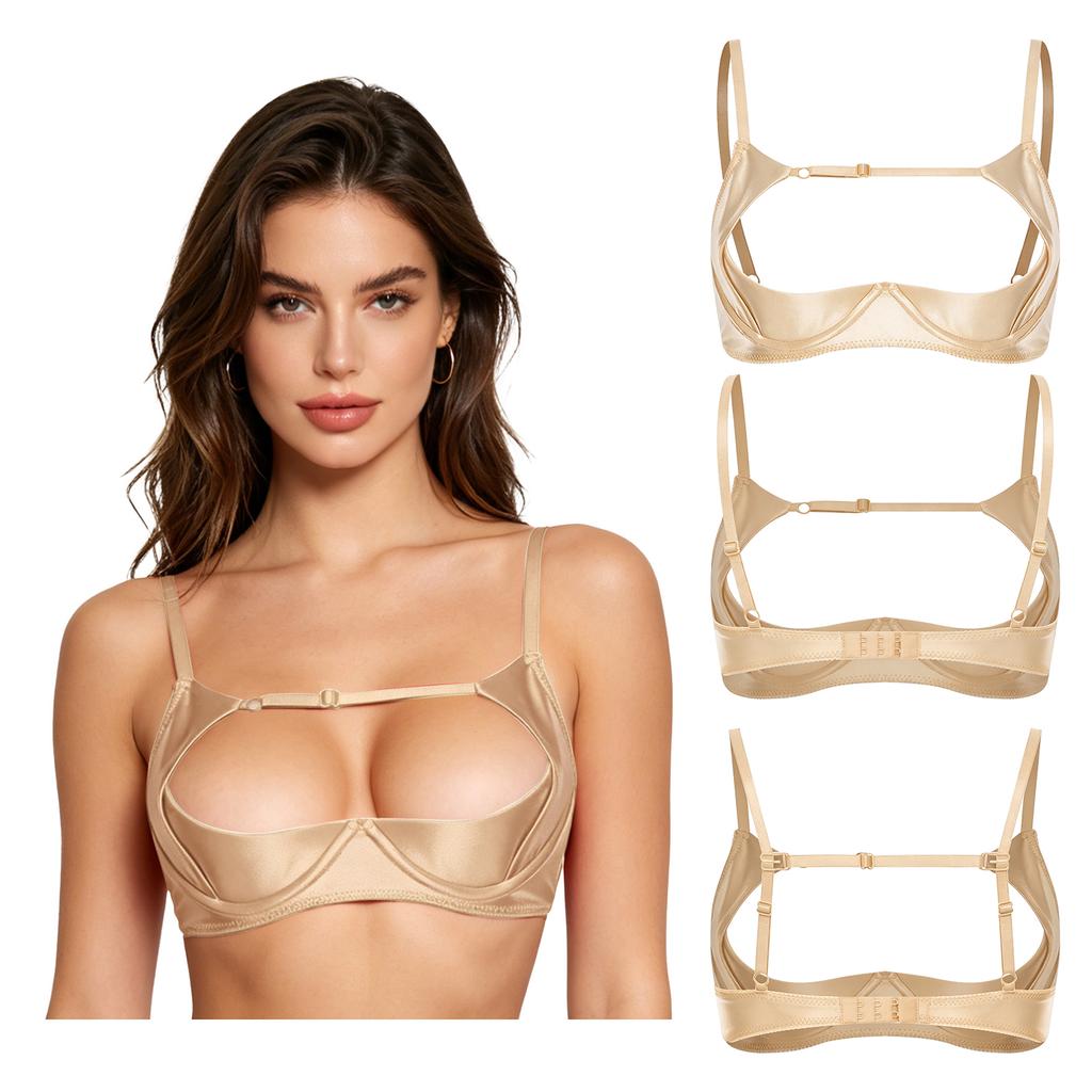 1/4 Cup Push-up Underwire Shelf Bra Satin Hollow Out Adjustable Straps Balconette Bralette for Women Lingerie Sleepwear