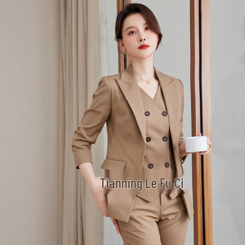 Khaki Professional Women's Three-Piece Suit Set - Commuter Style Formal Vest for Autumn/Winter