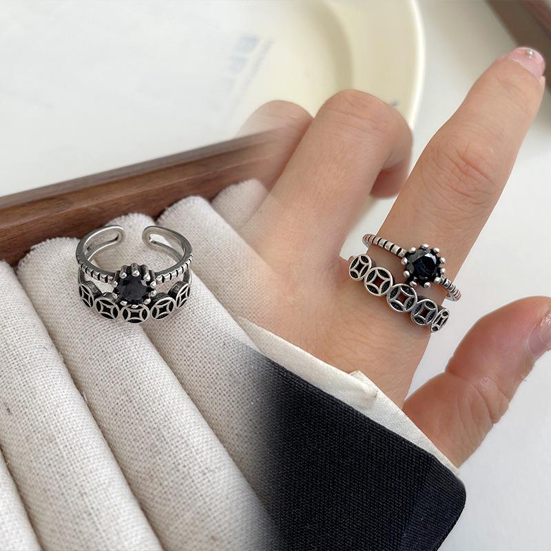 Black Drip Glaze Retro Thai Silver Jewelry Women's Non-fading High-end Open Ring