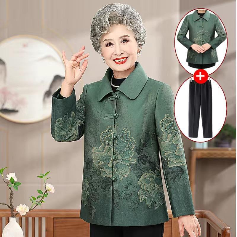 Stylish Spring/Autumn Floral Jacket for Middle-Aged and Elderly Women