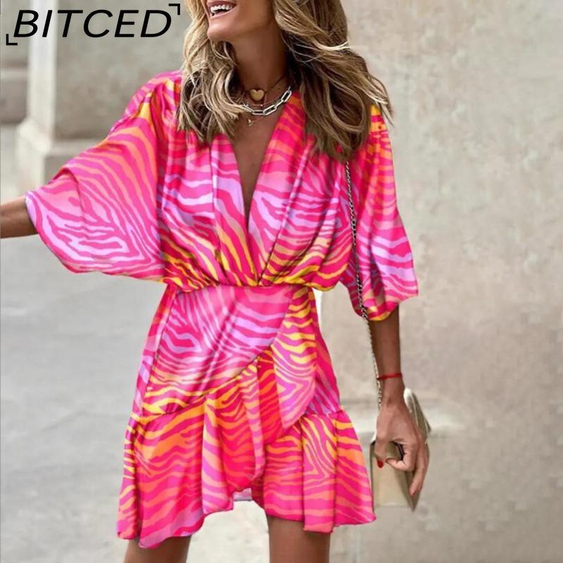 BITCED Women's Fashion Summer Spring Solid Color Print 3/4 Sleeves V-Neck High Waist Casual Dresses
