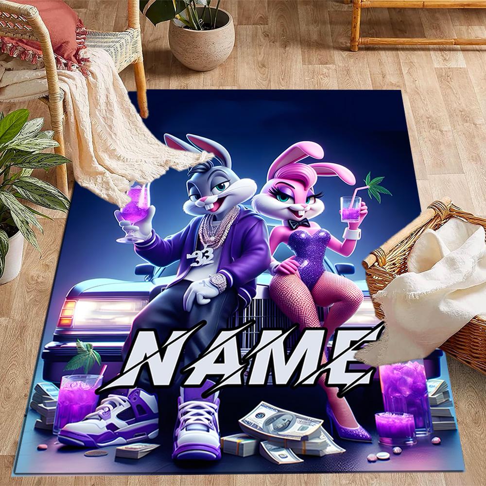 Looney Rabbits Urban Vibes Customized Name Area Rug Perfect for Living Rooms Bedrooms Hallway Entryway Anti-slip Rug Anime Office Decor