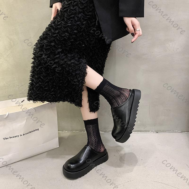 Comemore Baotou Thick Bottom Temperament Half Slippers for Women Autumn New Patent Leather Black Mules Flat Black Slides Loafers