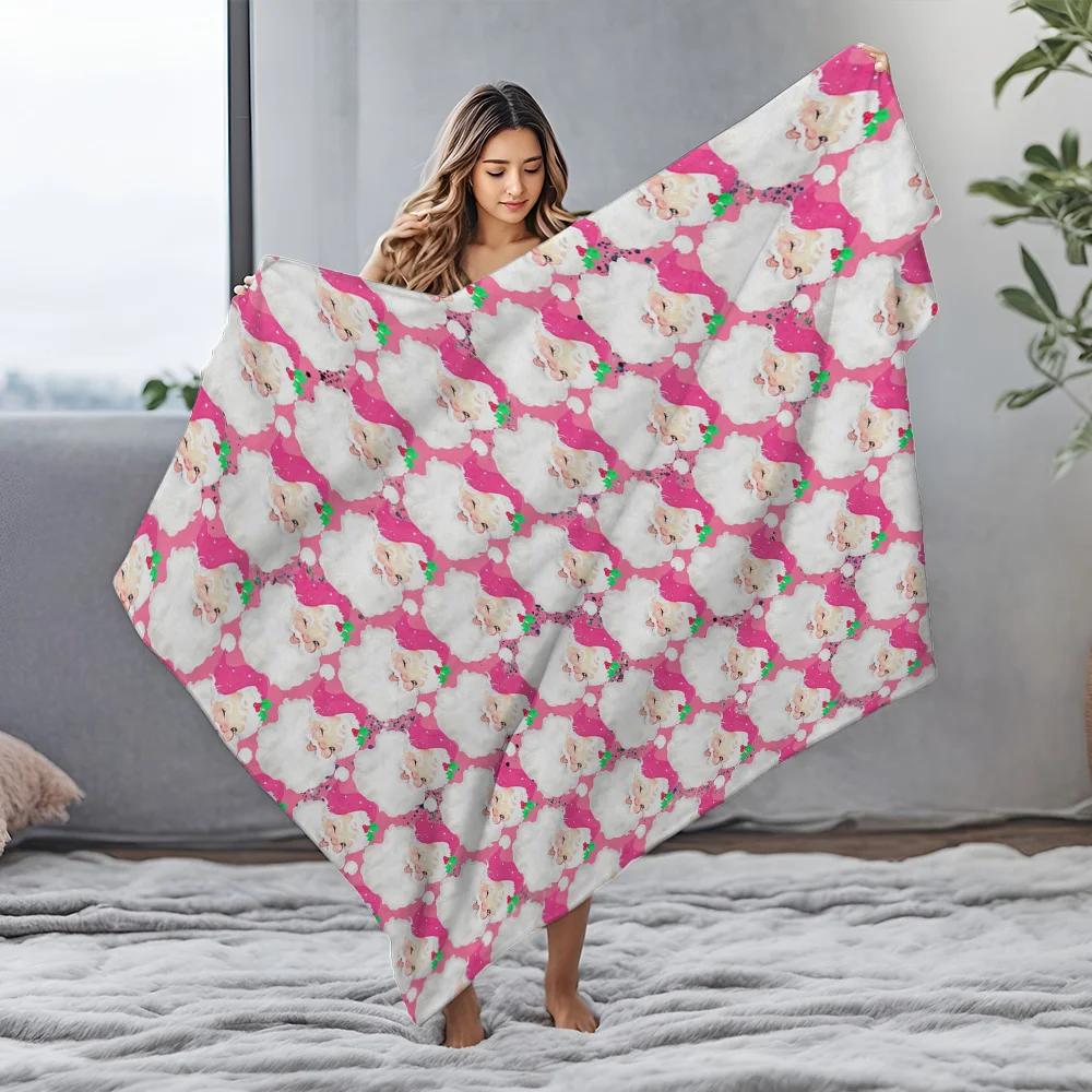 Pink Santa Fleece Blanket, Cute Christmas Pattern with Green Hat Design, Soft Plush Throw for Festive Sofa and Home Decor