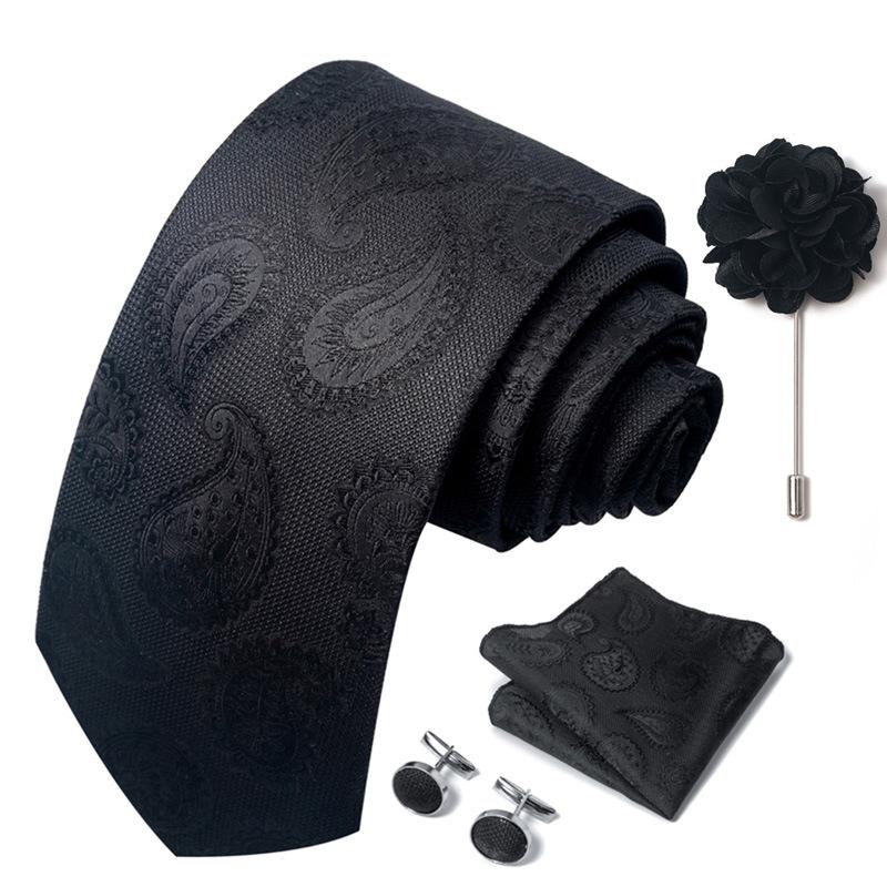 Men 8cm Wide Silk Wed Neck Tie Cufflinks Brooch Pin Handkerchief Business Wedding Party Suits Groom Accessories Gift