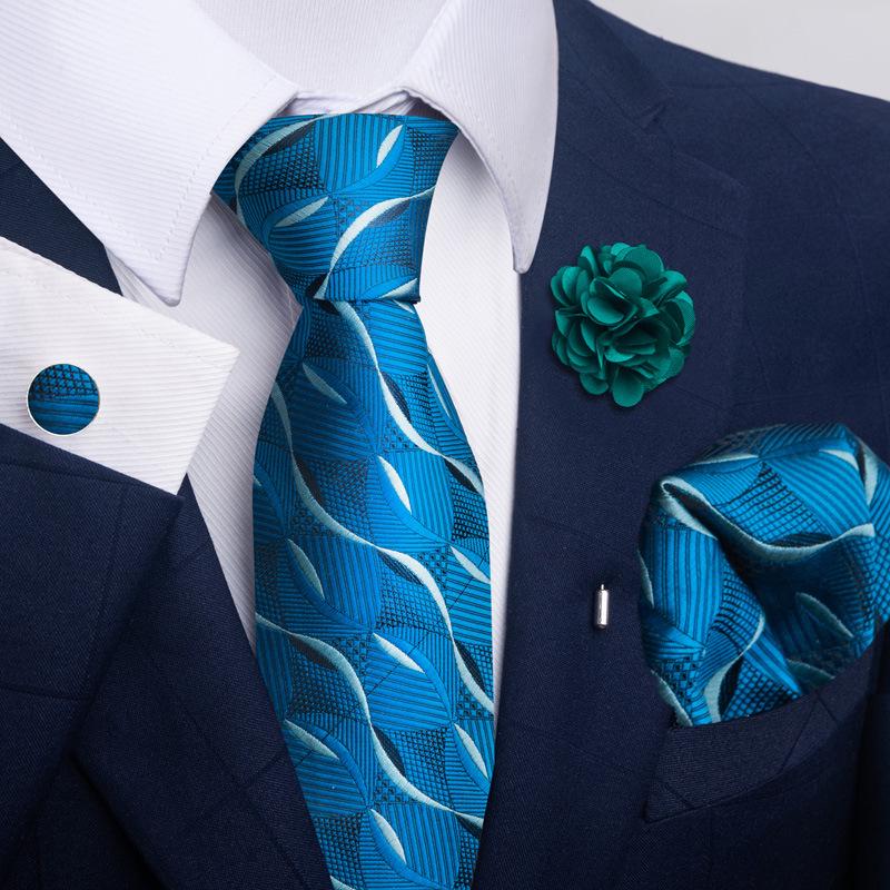 Brown Paisley Men's Tie, Pocket Square, Cufflinks & Boutonniere Set for Business Formal Wear.