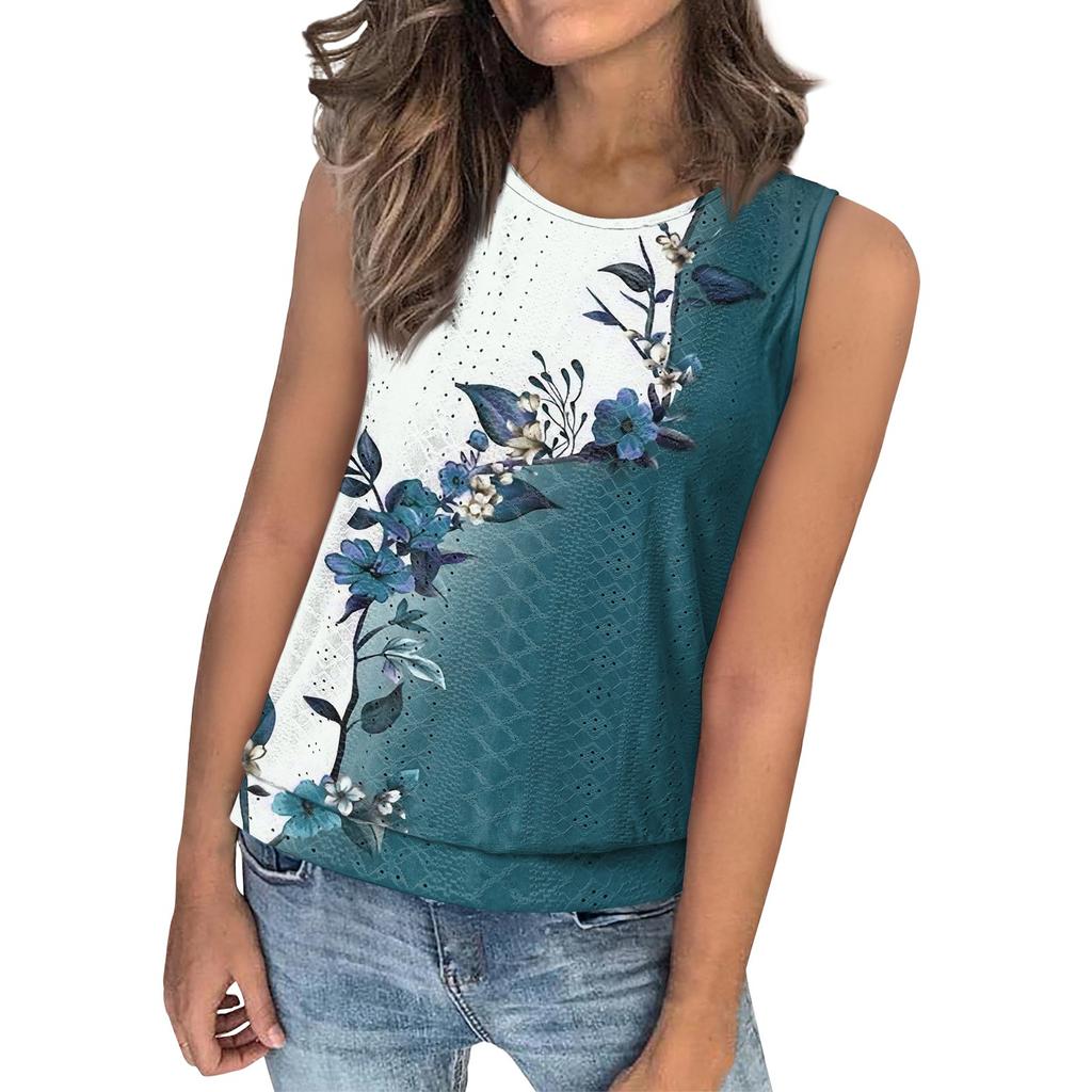 Women's Loose Fashion Casual Vintage Floral Print Crew-neck Sleeveless Summer Vest