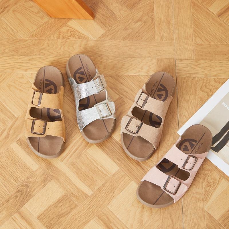 Leather Boken one-word slippers summer new outer wear beach shoes versatile belt buckle cool slippers