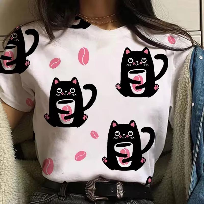 3D-tryckt söt djur-t-shirt för kvinnor roliga kattgrafiska t-shirts sommarmode överdimensionerade t-shirts kortärmade toppar med rund hals