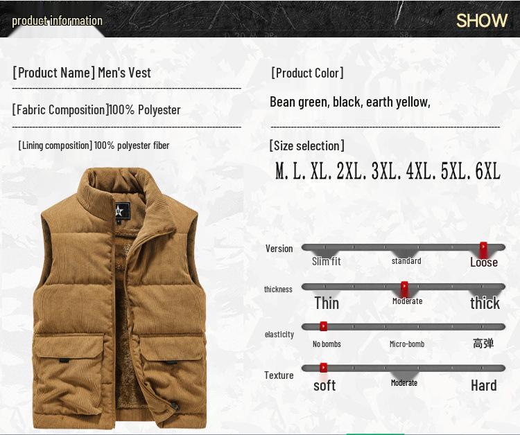 Men's Thickened Corduroy Vest - Fleece Lined, Stand Collar, Sleeveless, Plus Size, Warm Workwear Coat for Autumn/Winter