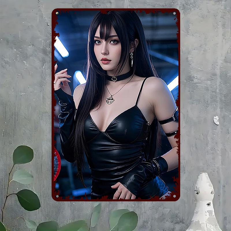 Metal Tin Sign 8x12 Inch Cyberpunk Wall Art Black Retro-Futuristic Leather Dress Decor Home Bar Vintage Industrial 2D Flat